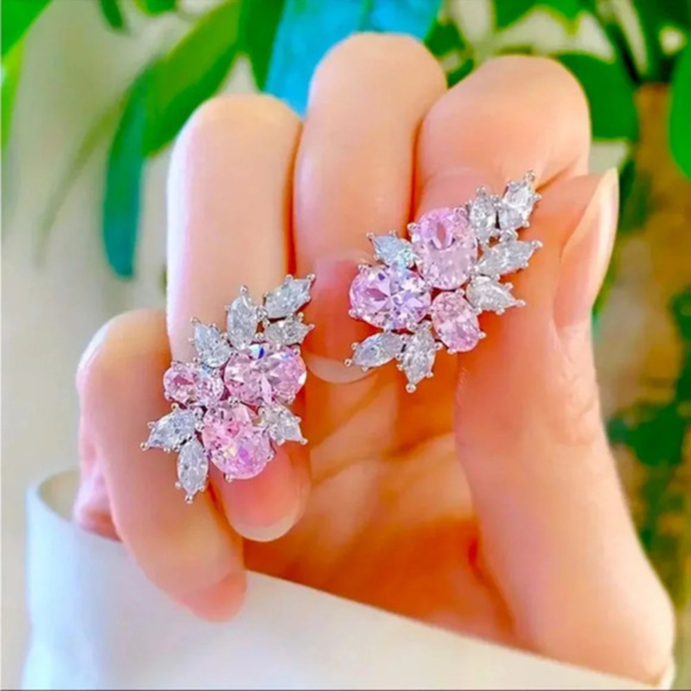 3CT Pink CZ Flower Stud Earrings 14K White Gold Plated Bridal Sparkle NWT